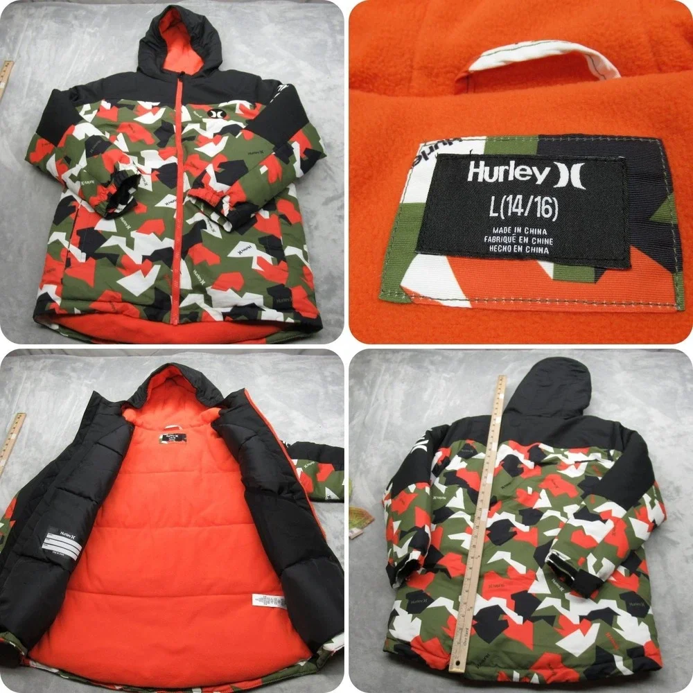 Hurley Jacket Youth Large Green Camo Hooded Water‎ Resistant Insulated Puffer